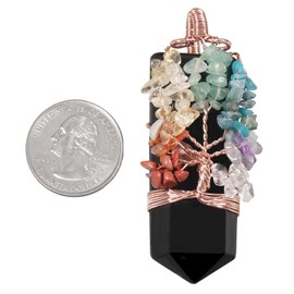 SUNYIK 7 Chakra Wire Wrapped Crystal Quartz Pendant Necklace for Women Men, Sword Faceted Healing Crystal Point Necklace for Unisex, Black Obsidian