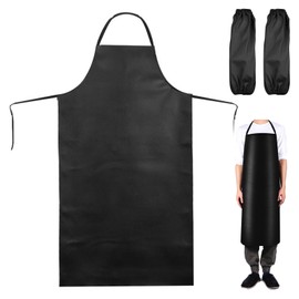 elthmpr Waterproof Leather Apron - 43" Waterproof Aprons for Men with 2 Sleeves Artificial Leather Apron Black Apron Adjustable for Dishwashing Kitchen Heavy Duty Work Apron for Chef Butcher