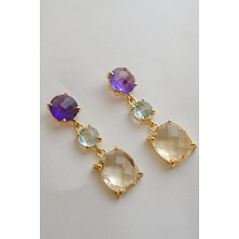 Amethyst Blautopas Citrin vergoldet 925 Sterling Silber Ohrringe - Natürlicher Edelstein - Geburtstagsgeschenk - Weihnachtsgeschenk - Handgefertigte Geschenkideen für Frauen