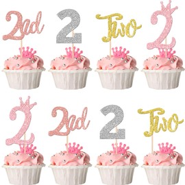 24 piezas de 2 decoraciones para cupcakes con purpurina y 2 púas para cupcakes de segundo cumpleaños, número 2, dos púas para baby shower, niños, segundo cumpleaños, aniversario, fiesta, decoración de pasteles, suministros coloridos