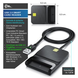 CSL - USB Smart Card Reader - Smart Card Reader/SIM Card Reader - Plug & Play - Power/Status LED - USB Bus Powered - Compatible with Mac OS X + Windows 7-11 - Black