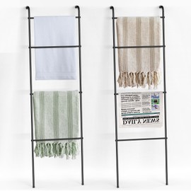 2 Pack Blanket Ladder,Indoor Towel Rack for Pool,Decorative Towel Rack Holder for Bathroom, Wall Leaning Metal Drying Quilt Stand for Living Room Bedroom Farmhouse Home Decor - Black
