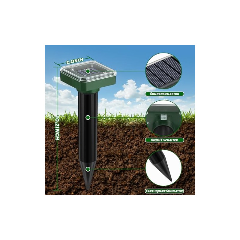 Mole Repellent Solar Powered 10 Pack, Ultrasonic Gopher Deterrent Stakes