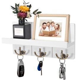 Jemyxhw Wooden Key Holder with Shelf, Wooden Key Holder with 3 Double Key Hooks, White Wooden Key Holder, Decorative Wooden Wall Shelf, for Entrance, Mudroom, Hallway, Bedroom, Living Room