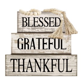 Yuntau 4 Pcs Farmhouse Wooden Tabletop Decor Farmhouse Tiered Tray Decor Rustic Retro Wood Bead Garland Blessed Grateful Thankful Block Sign Neutral Centerpiece Sign for Home Office Shelf Mantle