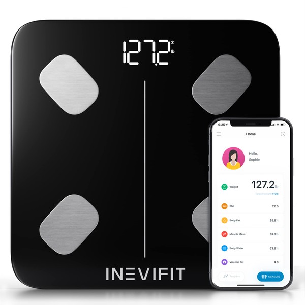 INEVIFIT Smart Body Fat Scale, Highly Accurate Bluetooth Digital Bathroom Body Composition Analyzer, Measures Weight, Body Fat, Water, Muscle, Visceral Fat & Bone Mass for Unlimited Users (Eco-Blk)