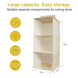 AiQInu Hanging Shelf Wardrobe, Hanging Storage Cupboard Organiser with 3 Compartments, Foldable, Space-Saving, Sturdy Hanging Organiser with Bamboo Pole, Reinforced Storage System for Wardrobes