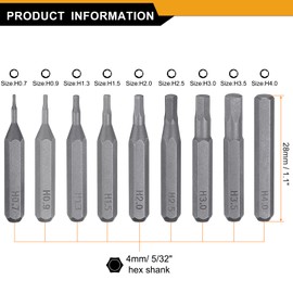 Sourcing Map 9pcs H0.7-H4.0 Hex Screwdriver Bit Set - 5/32" Hex Shank - 28mm Length - Magnetic - S2 Steel - For Electric/Manual Screwdrivers & Drills