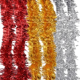 Euvoym 6m Red Gold Silver Christmas Tinsel Garland Christmas Tree Decoration Sparkling Metallic Tinsel Hanging Garland (6m)