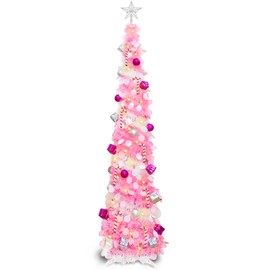 5 Ft Pink Tinsel Christmas Tree with Lights Timer 16.4 Ft 50 Warm White Lights 30 Christmas Tree Ornaments Batteries Operated Pop up Tinsel Tree for Home Fireplace Party Indoor