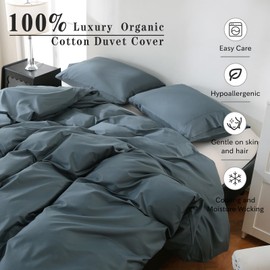 Overket 100% Organic Cotton Duvet Cover Queen Size 400 Thread Count Sateen Comforter Cover Soft and Breathable Cooling Bedding Set 3 Piece（Lake Blue,Queen）