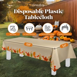 Grandipity Thanksgiving Beige Fall 6 Pack Premium Disposable Plastic Tablecloth 54 Inch. x 108 Inch. Rectangle Table Cover