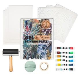BuzzBright Gel Printing Plate kit, Complete Printmaking Set with 8”X10” Gelatin Plate, Brayer, Printmaking Paper, Acrylic Paint and Essential Tools for Mixed Media Art, Monoprinting, Card Making