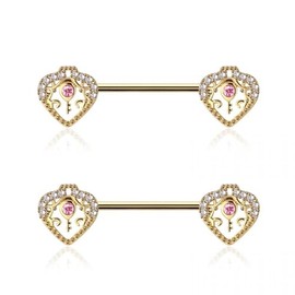 14GA 316L Stainless Steel CZ Crystal Pink Key Heart Ends Nipple Barbells, Sold as a Pair (Gold Tone)