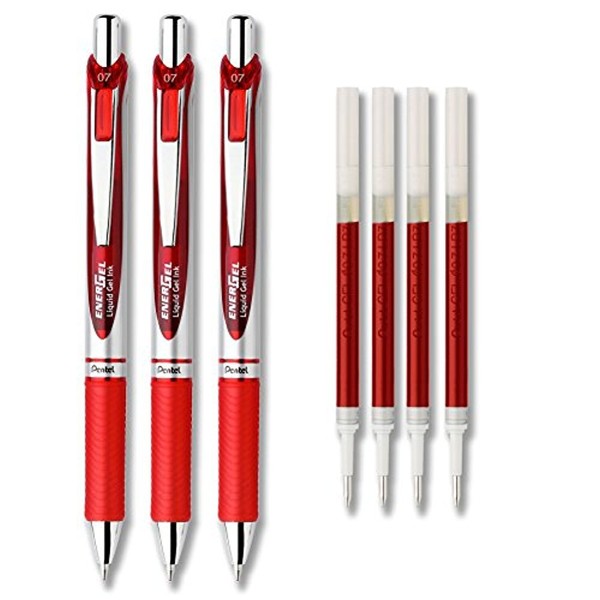 Pentel EnerGel Deluxe RTX Liquid Gel Ink Pen Set Kit, Pack of 3 with 4 Refills (Red - 0.7mm)
