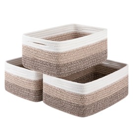 OIASKET 3 Pack Small Storage Baskets for Organizing, Cute Woven Decorative Gift Baskets for Shelves, Mini Closet Organizer Bins with Handles, 11.81''Lx7.87''Wx4.72''H-Brown White