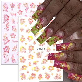 6 Sheets Hibiscus Flower Nail Art Stickers 3D Self-Adhesive Glitter Floral Nail Design Yellow Pink Spring Flowers Nail Stickers Heart Bow Hibiscus Nail Decals for Women Girls DIY Nail Art Supplies