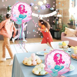 Ferraycle Mermaid Ice Cream Truck Small Pinata with a Blindfold Bat and Confetti Pinatas for Birthday Party Girl, Mermaid Birthday Decorations for Ice Cream Sea Ocean Theme Party Supplies