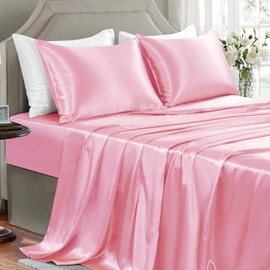 GOLAL Satin Sheets Queen Size - 4 Pieces Luxury Silky Soft Bed Sheets, Wrinkle-Free Light Pink Satin Silk Sheet Set with 1 Deep Pocket Fitted Sheet, 1 Flat Sheet, 2 Pillow Cases