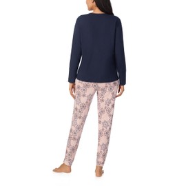 Nautica 2 Piece Long Sleeve Blend V-Neck Top & Jogger Pajama Set for Women, Lightweight & Breathable Cotton & Polyester Blend, Navy & Pink Pattern, Large
