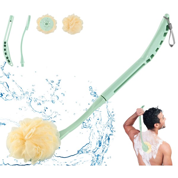 Loofah on a Stick, 20.5” Shower Sponge Loofah Back Scrubber, Exfoliation and Improved Skin Health, Back Loofah for Shower for Men Women（Cyan）