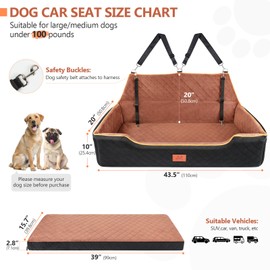 XIEEAOZEE Dog Car Bed Booster, Comfortable Travel Seat for Large/Medium Dogs, Fully Detachable & Washable with Thick Cushion (Black&Brown)