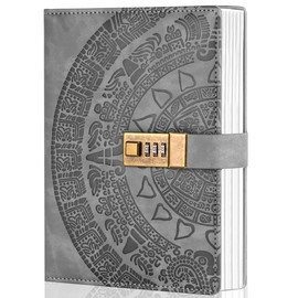 CAGIE Vintage Journal for Women with Lock Girls Password Diary with Lock for Women, A5 Locking Journal for Men Boys Lock Diary for Writing with Mayan Pattern, 8.5 × 5.9 inch, Grey