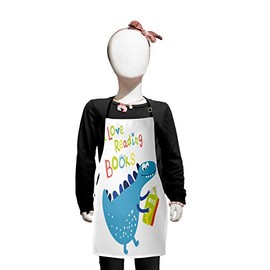 Ambesonne Library Love Apron, Happy Dinosaur Cartoon Character and Funny Colorful Writing of Book Love, Small Apron Bib with Adjustable Ties for Baking Painting, Small Size, White Multicolor
