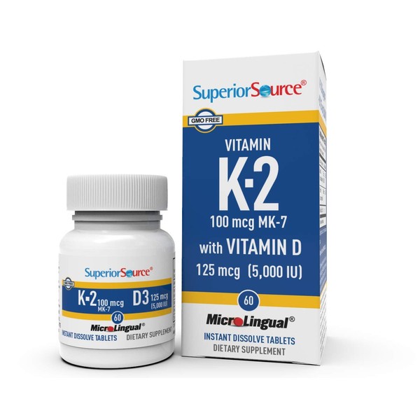 Superior Source K2 (MK-7) 100 mcg, with D3 (5000 IU) Supplement, Quick Dissolve MicroLingual Tablets, 60 Count, Strengthen Bones, Cardiovascular & Immune System Support, Joint Health, Non-GMO