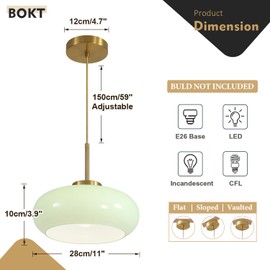 BOKT Green Glass Pendant Lights Kitchen Island 1-Light Adjustable Brass Pendant Lights Globe Semi Flush Mount Ceiling Light Fixture Modern Pendant Light for Dining Room Bedroom