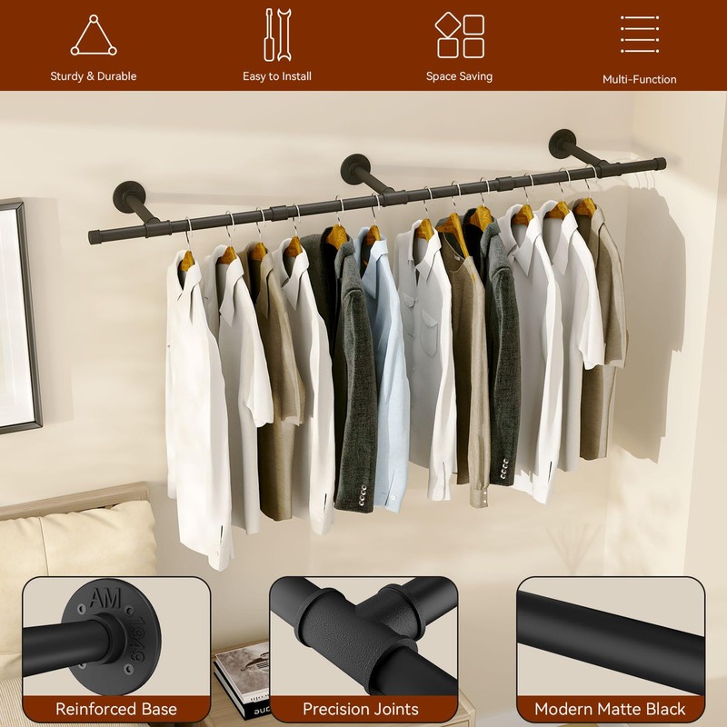 IBUYKE Industrial Pipe Clothes Rack, 61.4 Inch Wall Mounted Clothing