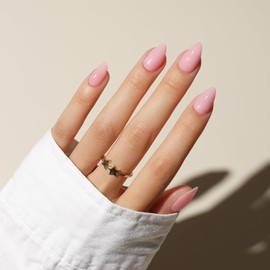 KQueenest Soft Gel Press on Nails Kurz – Sheer Baby Rosa Nägel zum Aufkleben Kurz Mandel, Einfarbig Pastellrosa Fake Nails mit Kleber, Glänzend Natürlich Künstliche Nägel Set für Frauen, 30 Stück