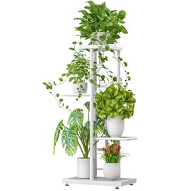 LINZINAR Plant Stand 4 Tier 5 Potted Planter Rack Storage Organizer Flower Pot Holder Shelves (4 Tier-5 Potted, White)