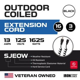 Iron Forge Cable 50ft Black Coiled Outdoor Extension Cord - 16/3 SJEOW Oil Resistant & Flame Retardant 3 Prong 13 Amp Power Cord for Indoor or Outdoor Use, 10 ft Coiled Length, 42 ft Fully Extended