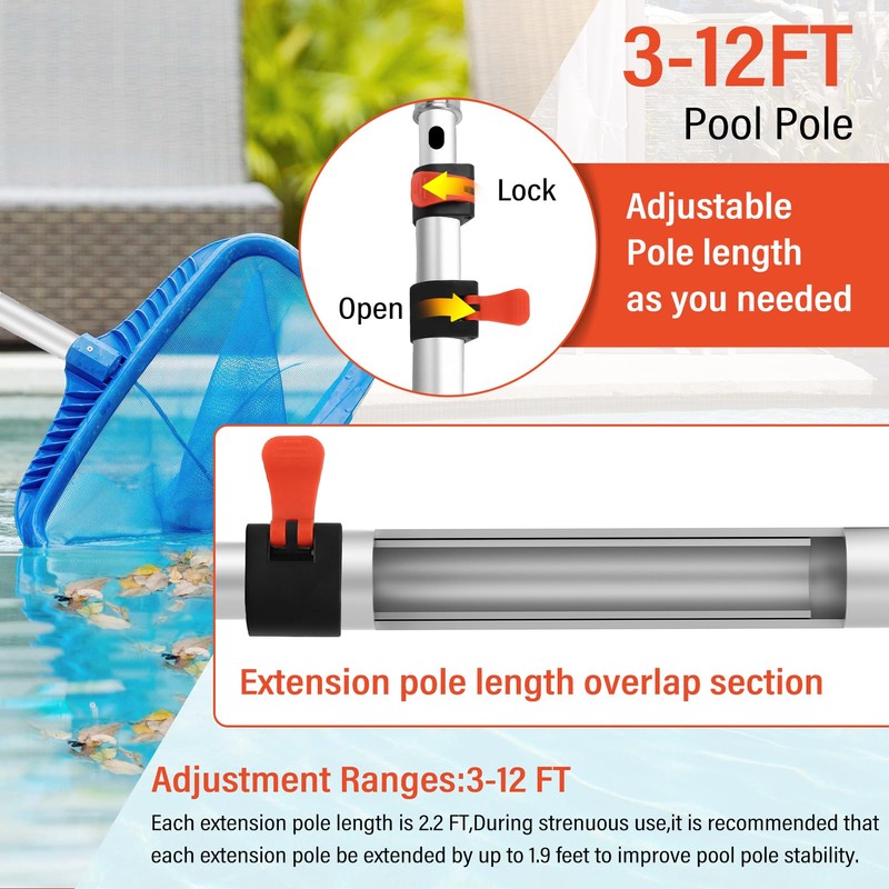 ACTREY Telescopic Pool Pole,12FT Extendable Pool Pole,Heavy Duty Aluminum Telescoping