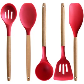IOCBYHZ Kitchen Cooking Utensils Set 5Pcs Heat Resistant Silicone Kitchen Utensils Spatula Spoon Turner Set, Red