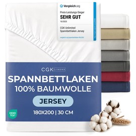 Jersey Fitted Sheet 180 x 200 cm - 100% Cotton Soft & Breathable Warming - Flat Sheet with Elasticated Edging for Mattresses up to 30 cm and Box Spring Beds DE - Oeko-Tex Certified - White