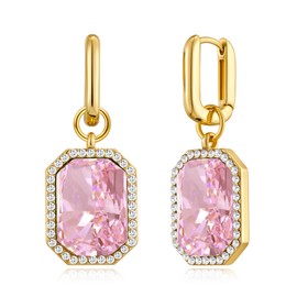 HolidayQbee Pink Earrings Pink Rhinestone Earrings Statement Crystal Earrings Rectangle Dangle Earrings for Women Rhinestone Dangle Earrings Chic Earrings Jewelry Gift