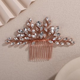 Teyglen Bridal Crystal Hair Comb Full Rhinestone Wedding Hair Comb Rose Gold Teardrop Hair Piece for Bride Wedding Hair Accessories for Women Bridal Headpiece (Rose gold)