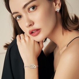 Jewellery Set Silver 925 Women's Shiny Crystal Heart Shape Chain Necklace Earrings Bracelet Jewellery Sets Gifts for Women, Silver and stainless steel, Rhinestone