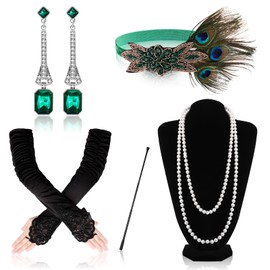 Livdouyu Pack of 7 Women's 20s Costume, 20s Accessories, 20s Dress Accessories, Peacock Feather Headpiece, Gloves, Pearl Necklace, Hand Clip and Earrings