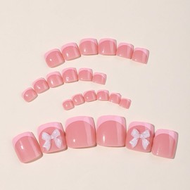 24 Pcs Cute Pink Press on Toenails French Tip Toe Nails Press on Short Square Fake Toenails Acrylic Full Cover False Toenails with Bow Designs Glossy Artificial Glue on Toenails for Women Girls