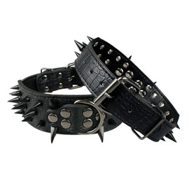 Berry Pet Sharp Spiked Studded Dog Collar - Stylish Leather Dog Collars - 2 Inch in Width Fit for Medium & Large Dogs - Such as Pitbull Mastiff - Black Rivets & Black Leather,19-22"