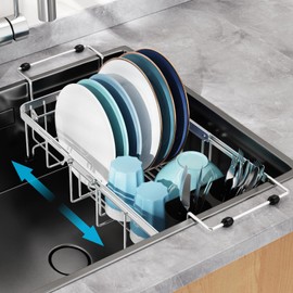 GSlife Expandable in Sink Small Dish Drying Rack - Stainless Steel Capacity Adjustable Over The Sink Dish Rack (12" -16.8"), Dish Drainer for Kitchen Sink Counter with Utensil Holder, Silver