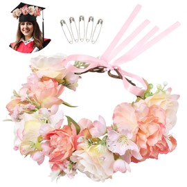 Zeyune Pink Flower Crown Graduation Hat Decoration Adjustable Flower Headbands with Ribbon Artificial Ladies Garland Floral Headpiece for Women Graduation Birthday Wedding Party Photography Props