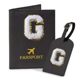 COSHAYSOO Black Initial Passport Cover Holder and Luggage Tag Set TSA Approved with Chenille Letter Patch for Women Teenage Girls, Fashion Travel Bag Backpacks Suitcase Identifier Markers (G)