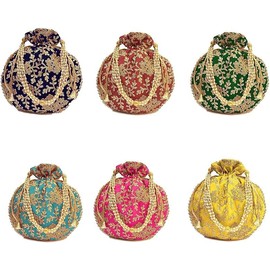 PINK TREASURE Indian Ethnic Yellow Potli Bag Ladies Handbag for Bridal, Batwa Pearls Handle Clutch