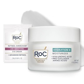 RoC Hydration+ Hyaluronic Acid Moisturizer Face Cream Fragrance Free Sensitive Face Moisturizer with Collagen Proteins 1.7 Ounces with Retinol Eye Cream Packette
