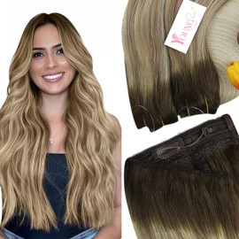 YoungSee Wire Hair Extensions Human Hair Brown Ombre Fish Wire Hair Extensions Dark Brown Ombre Light Brown with Blonde Invisible Wire Extensions for Women 18inch Wire Extensions Human Hair 80g