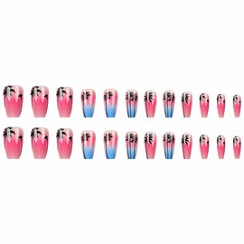 MERVF Coffin Press on Nails Long Fake Nails Blue Pink Ombre French Tip Glue ons Coconut Tree Design Summer Beach Acrylic Ballerina Nail Supplies DIY Manicure Glossy 24pcs